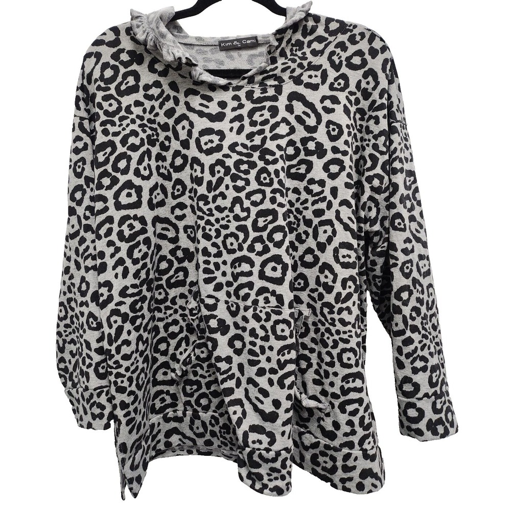 Kim & Cami Womens BOHO Hoodie 1X Gray Black Animal Print Ruffle‎ Pullover Lounge